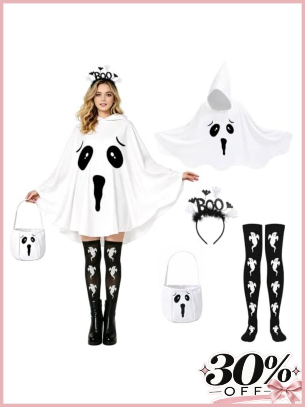 Hooded Ghost Poncho Costume Set Women One Size Polyester 4-Piece
